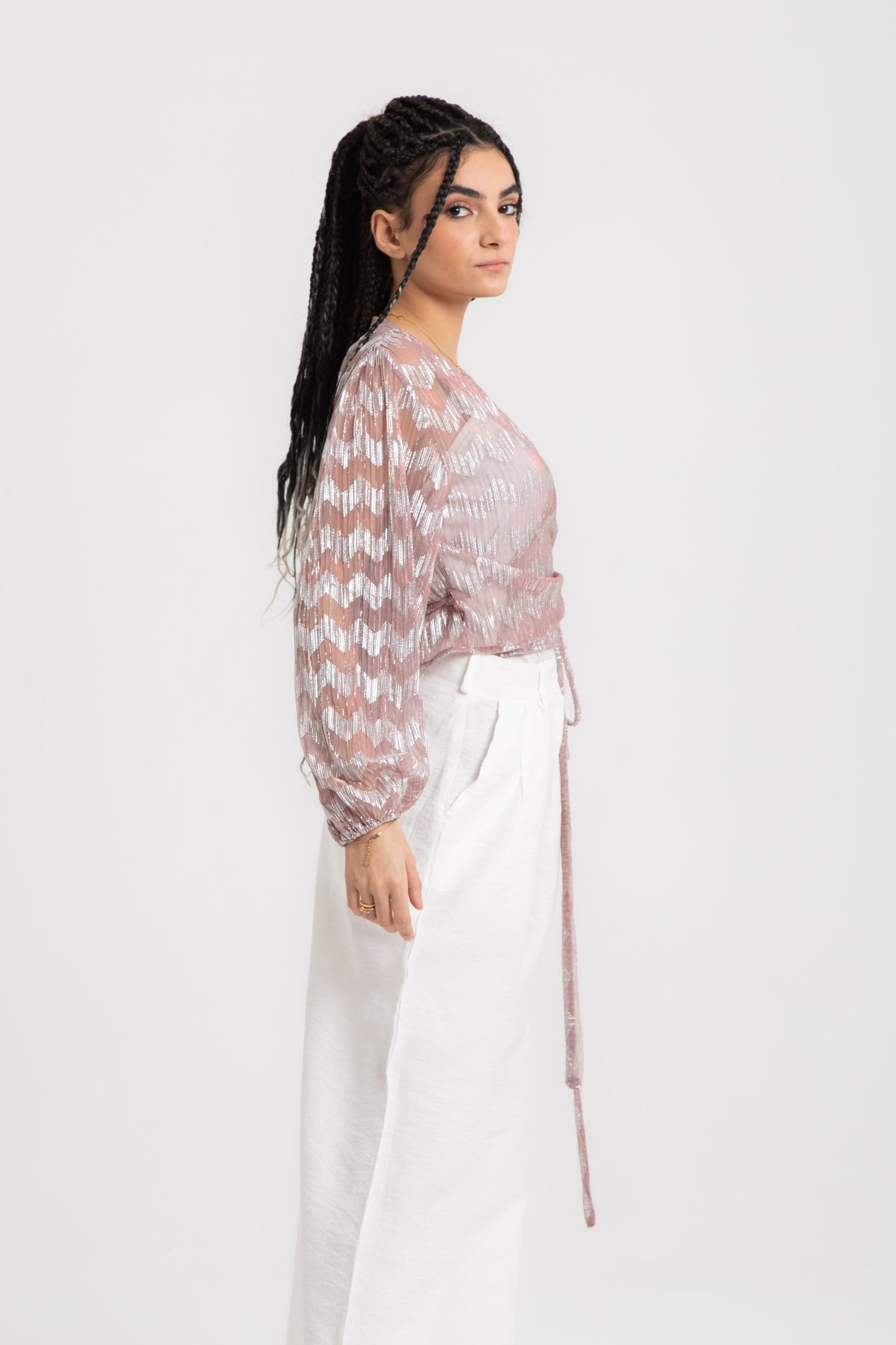 Wrap top in shinny pleated fabric