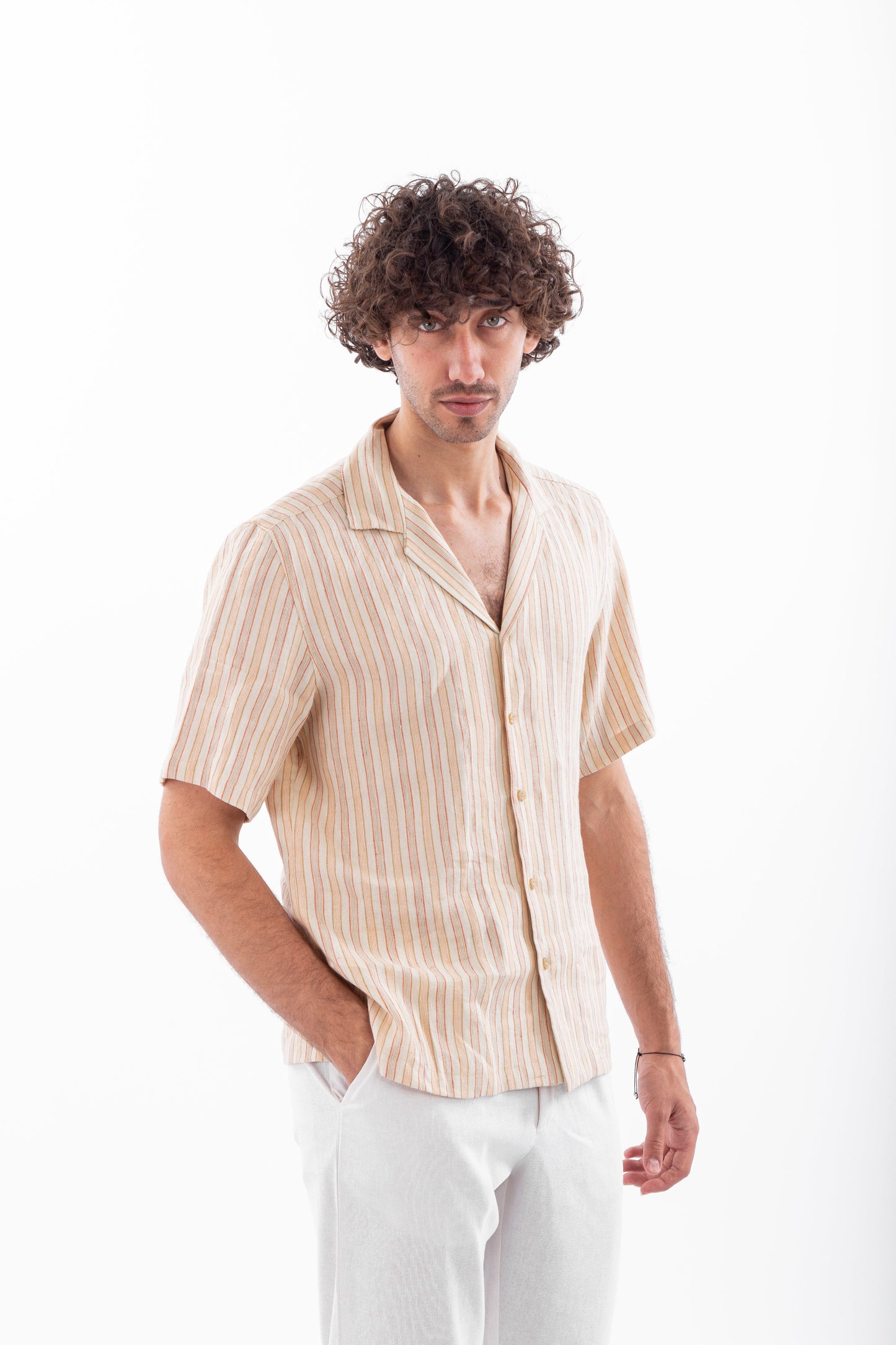 Short sleeves stripped linen shirt