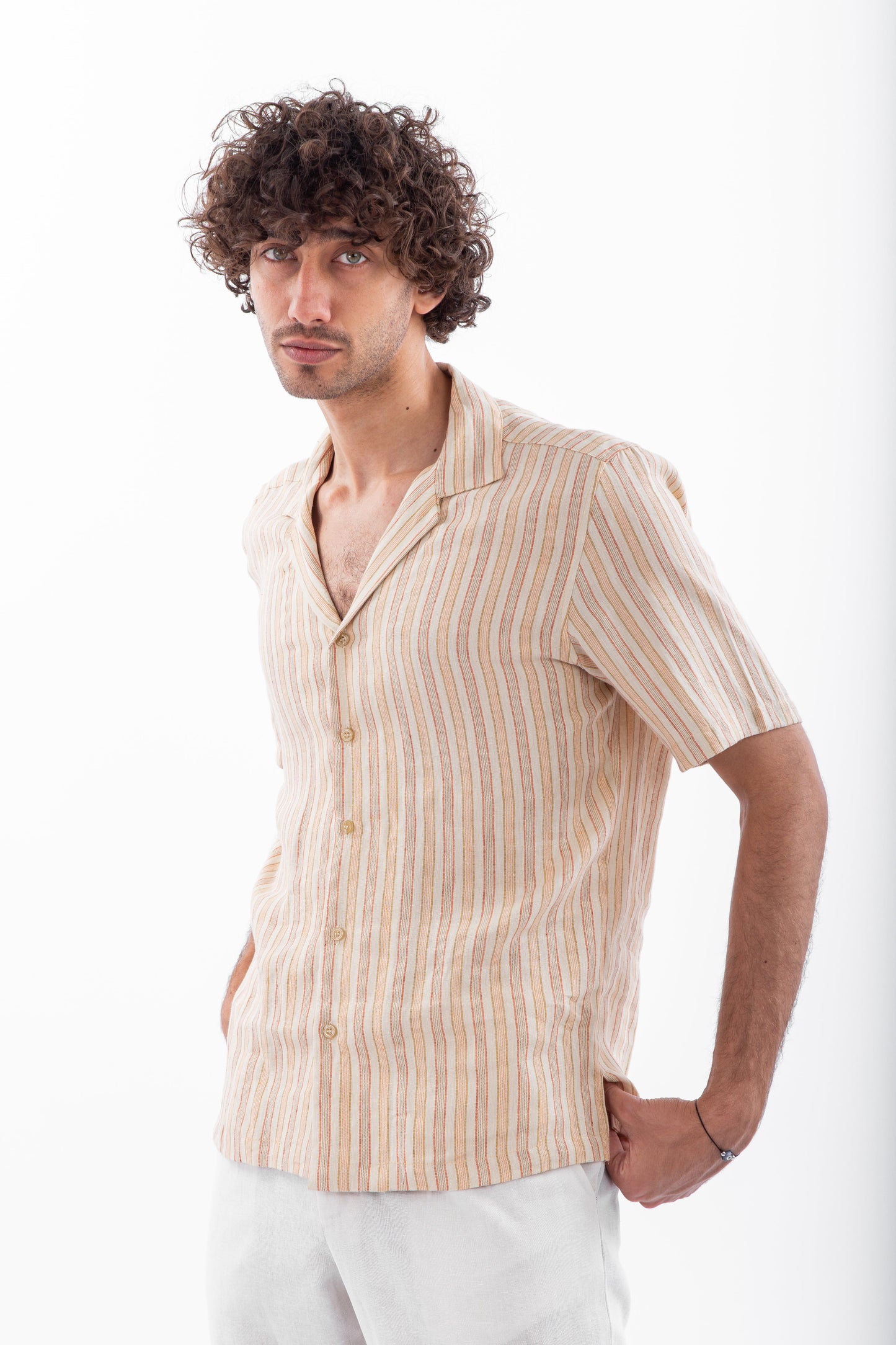 Short sleeves stripped linen shirt