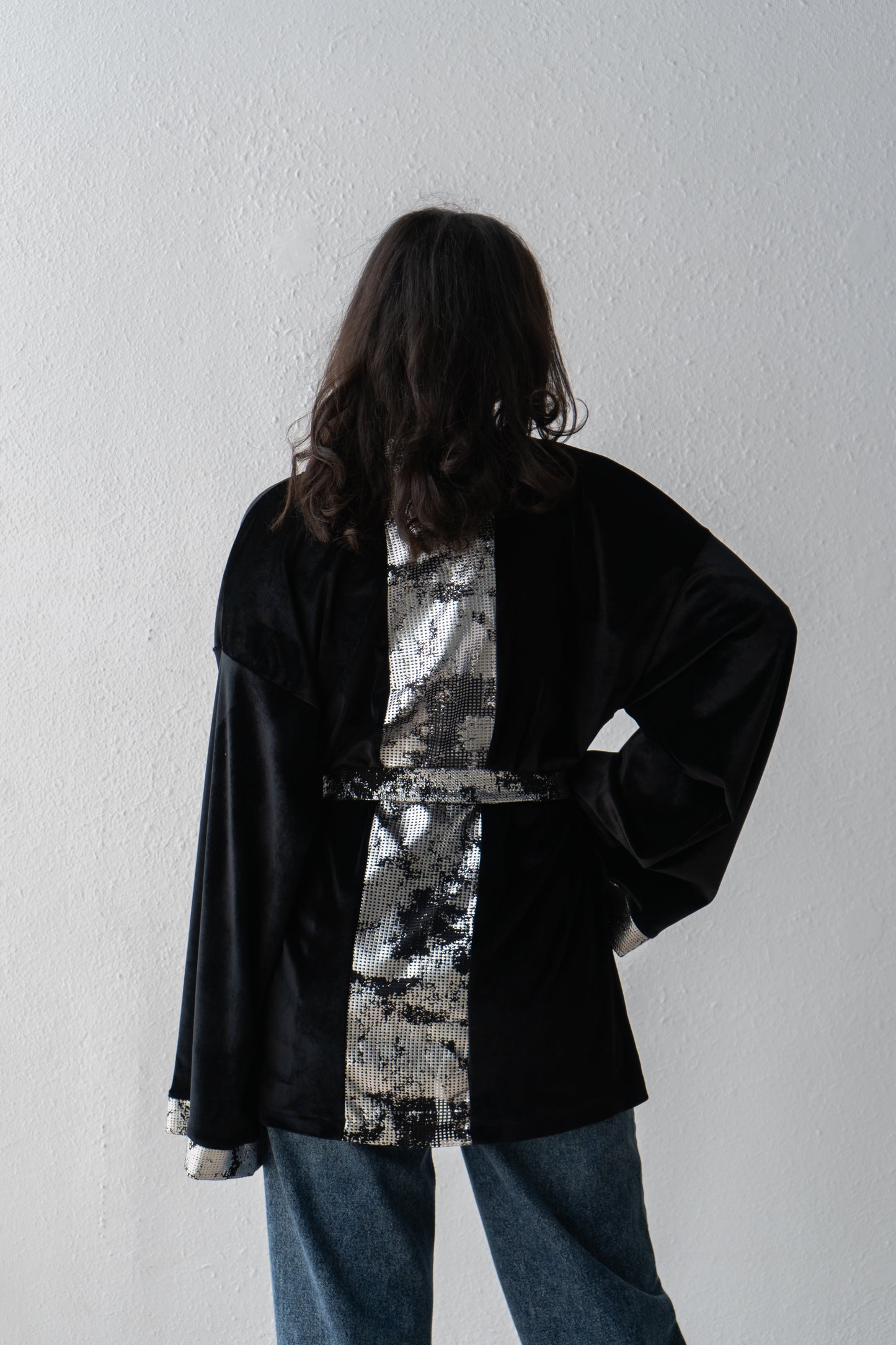 velvet kimono with metallic decorative stripes