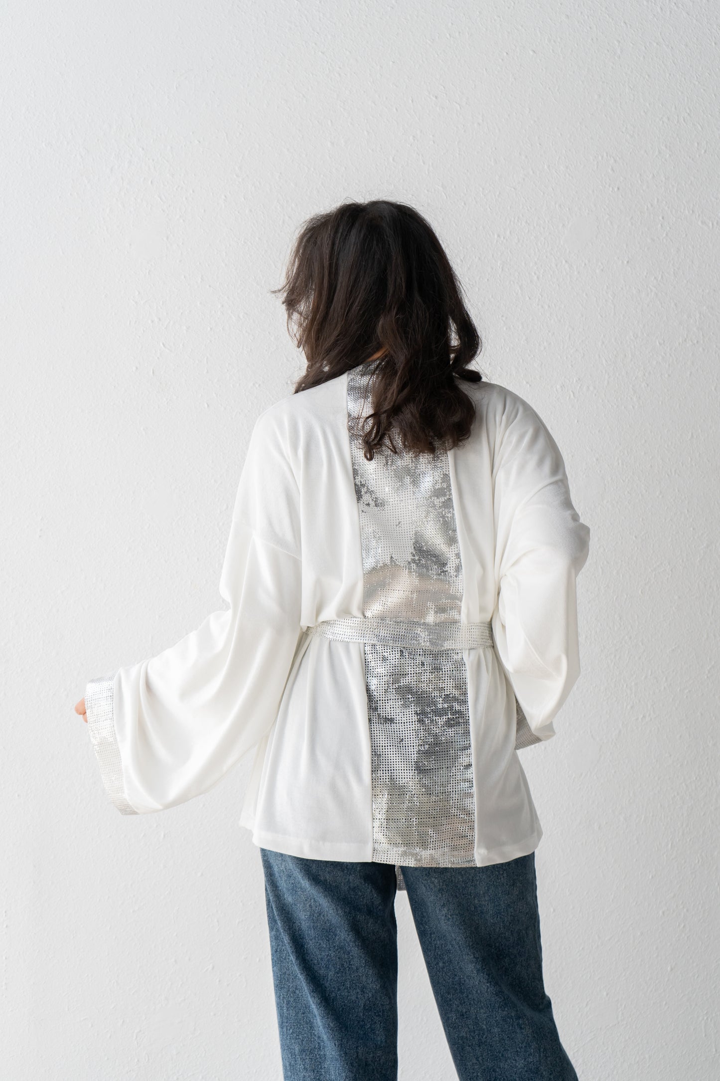 velvet kimono with metallic decorative stripes