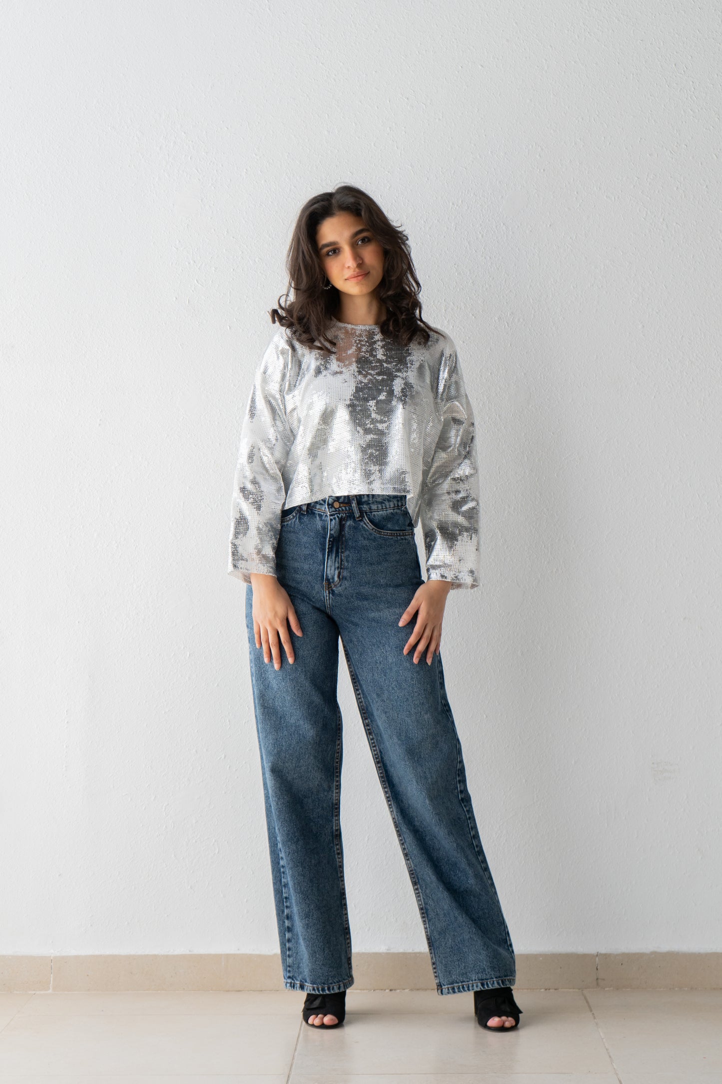 Boxy shinny metallic top