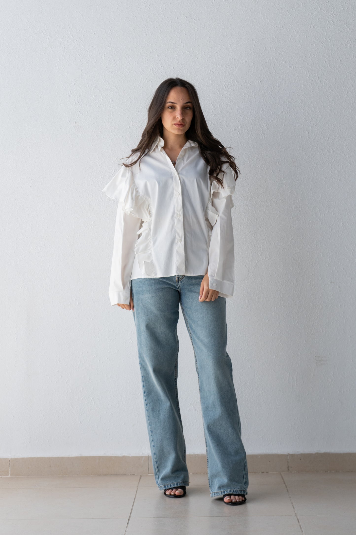 Poplin blouse with ruffles over shoulder