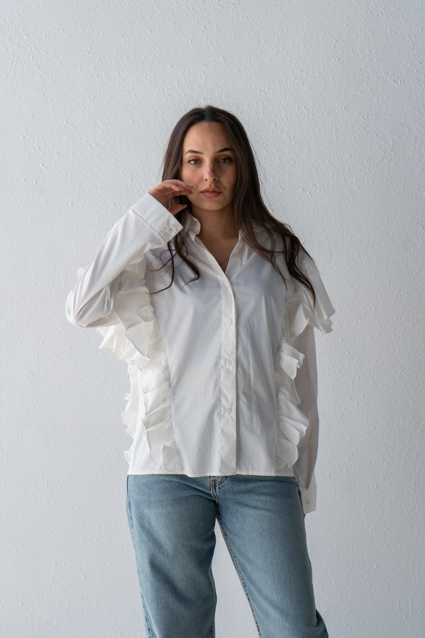 Poplin blouse with ruffles over shoulder