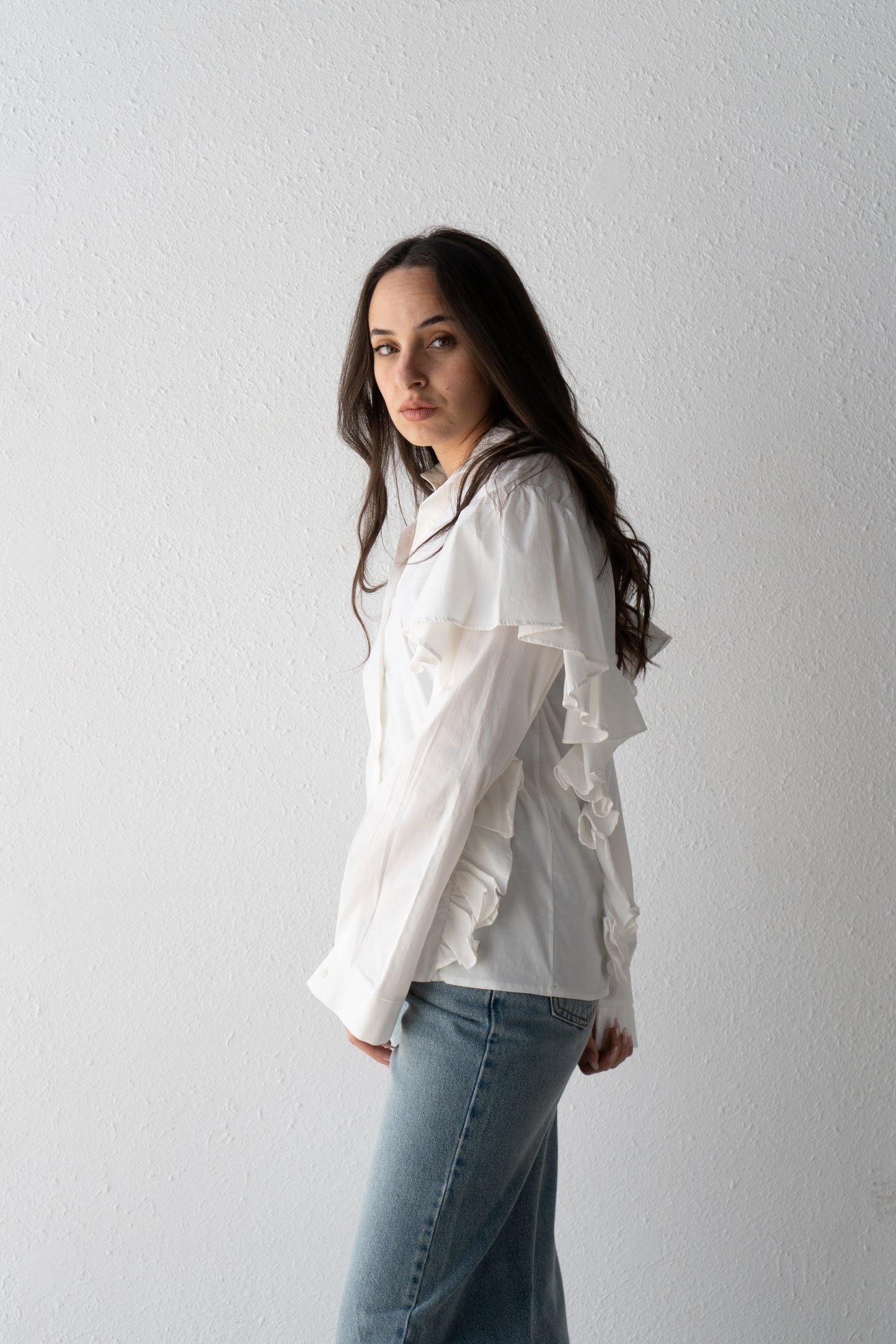 Poplin blouse with ruffles over shoulder