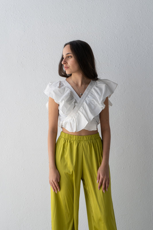 Wrap blouse with shoulder ruffle