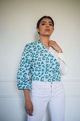 Two tones printed wrap blouse