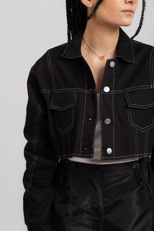 Cropped gabardine jacket with cuts