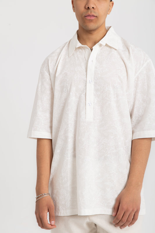 Short sleeves floral shirt with polo collar