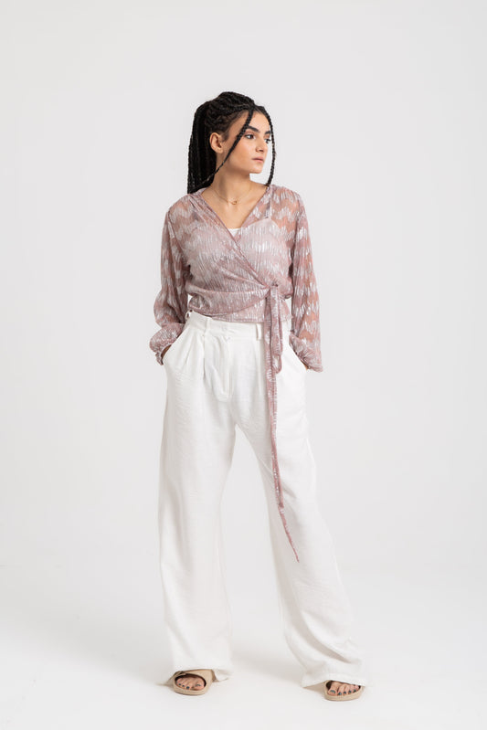 Wrap top in shinny pleated fabric