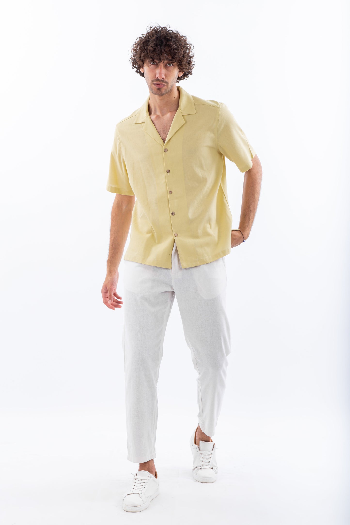 Short sleeves yellow linen shirt