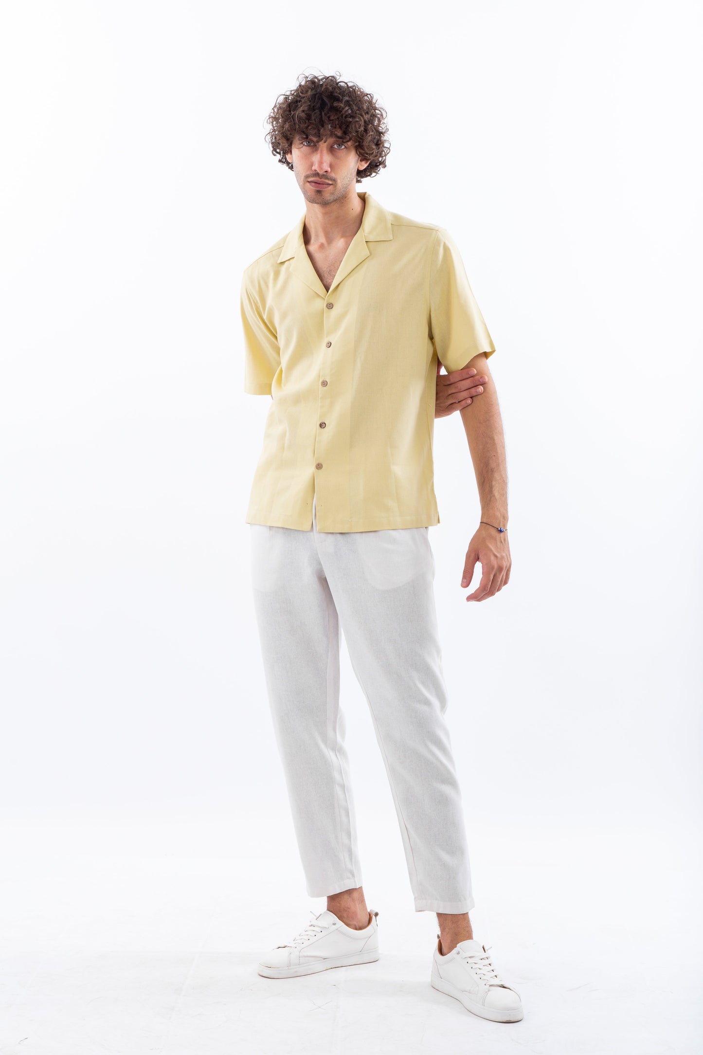 Short sleeves yellow linen shirt