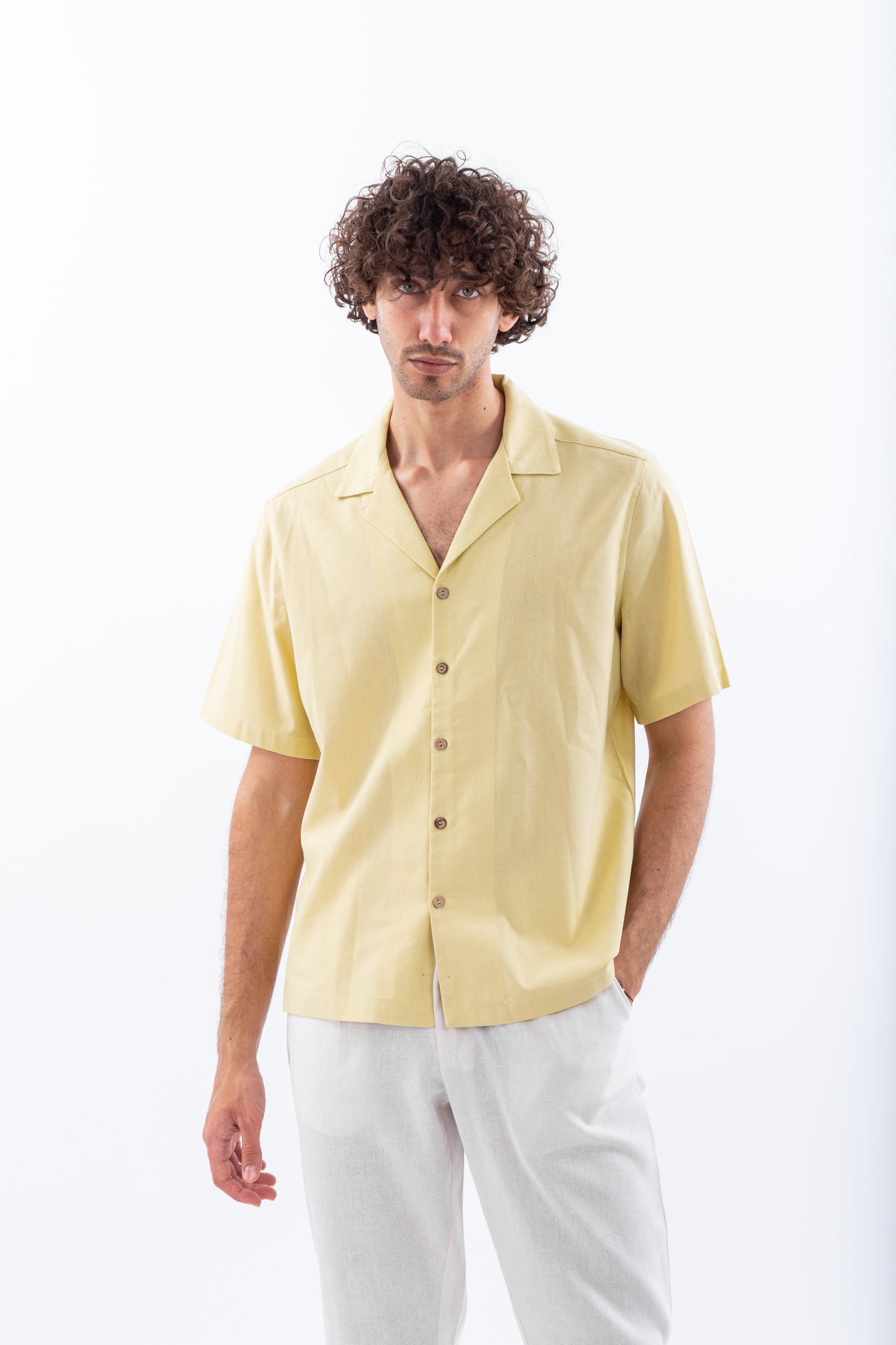 Short sleeves yellow linen shirt