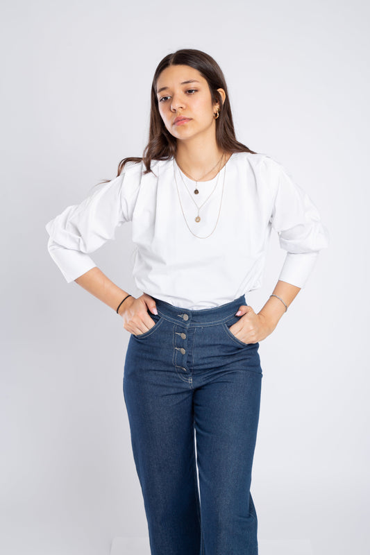 poplin blouse with pleats on shoulder