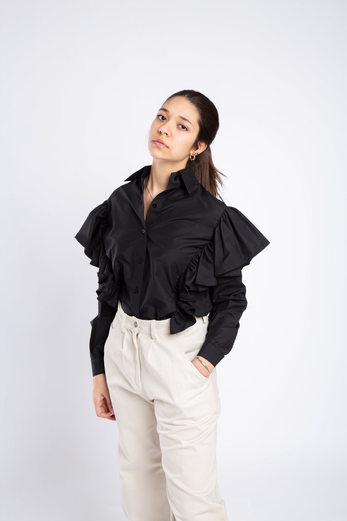 Poplin blouse with ruffles over shoulder