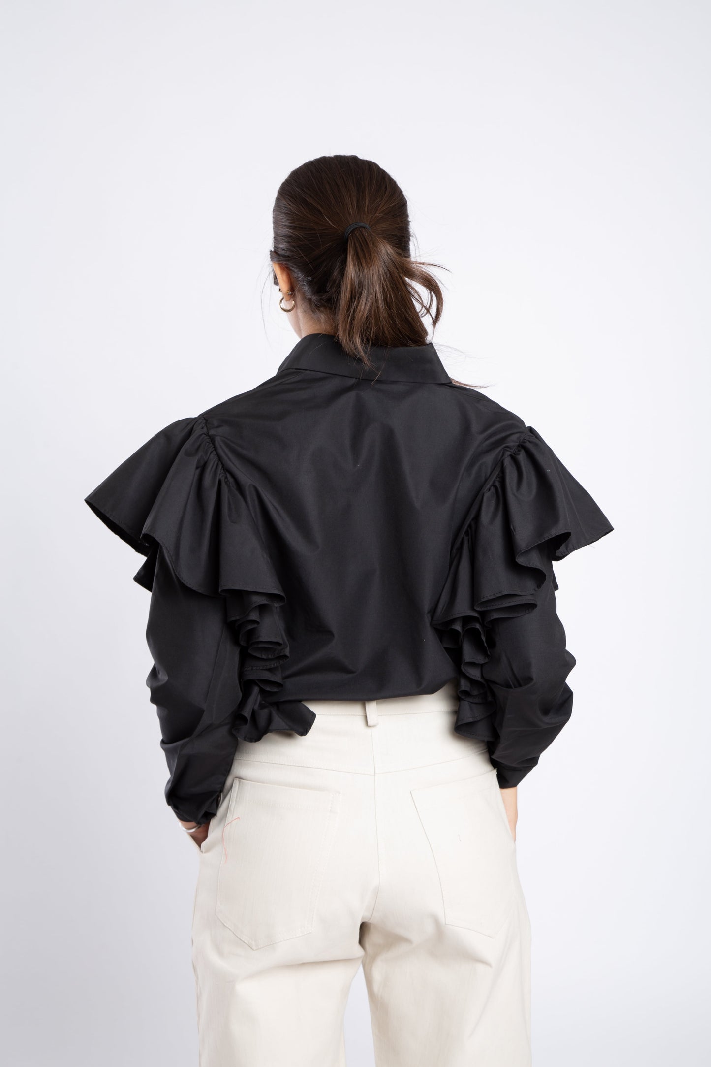 Poplin blouse with ruffles over shoulder