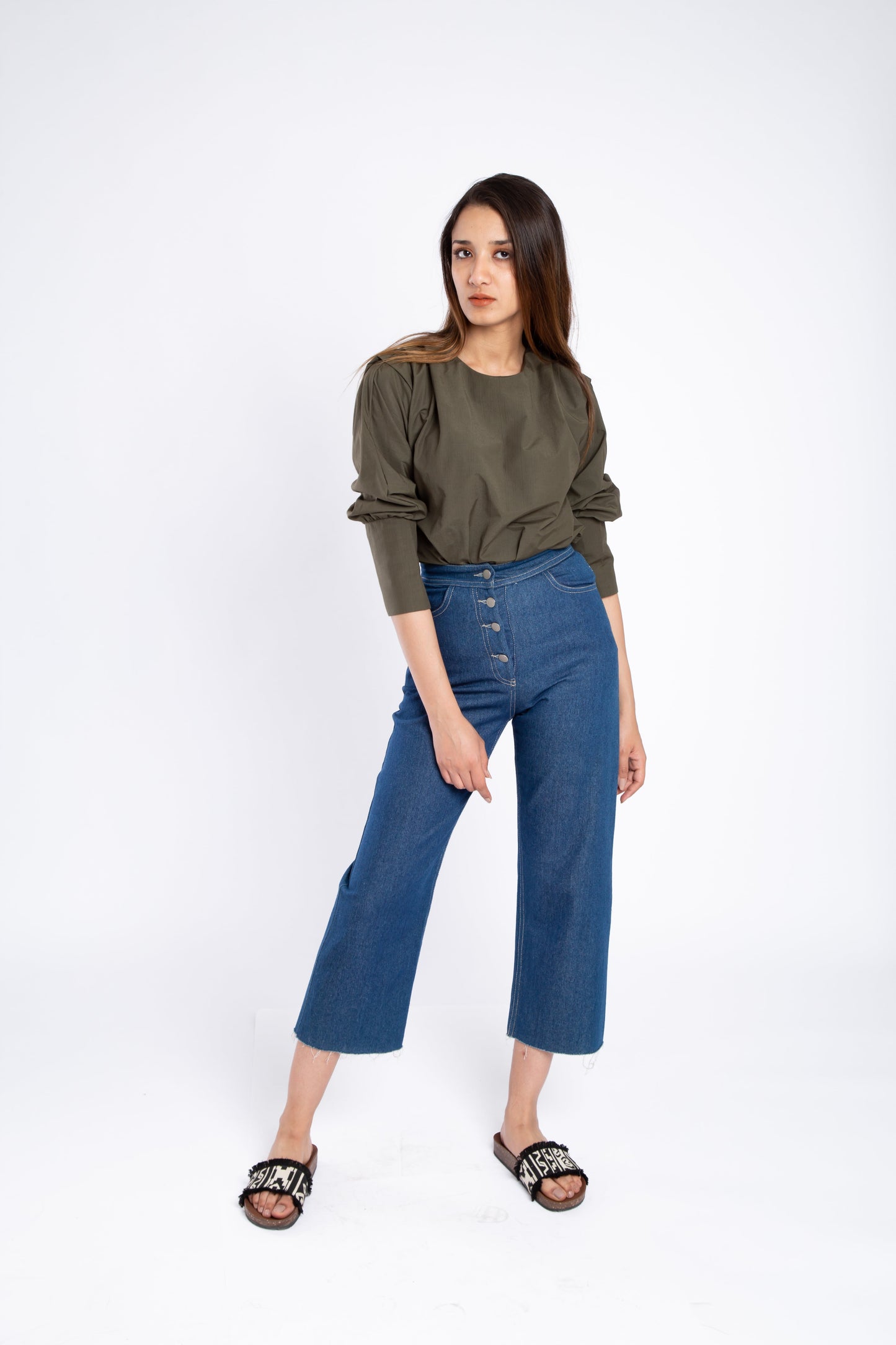 poplin blouse with pleats on shoulder