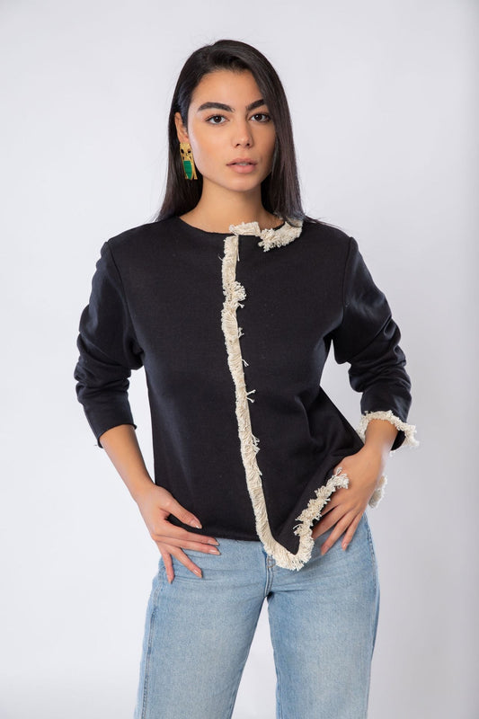 Melton asymmetric blouse with tassels