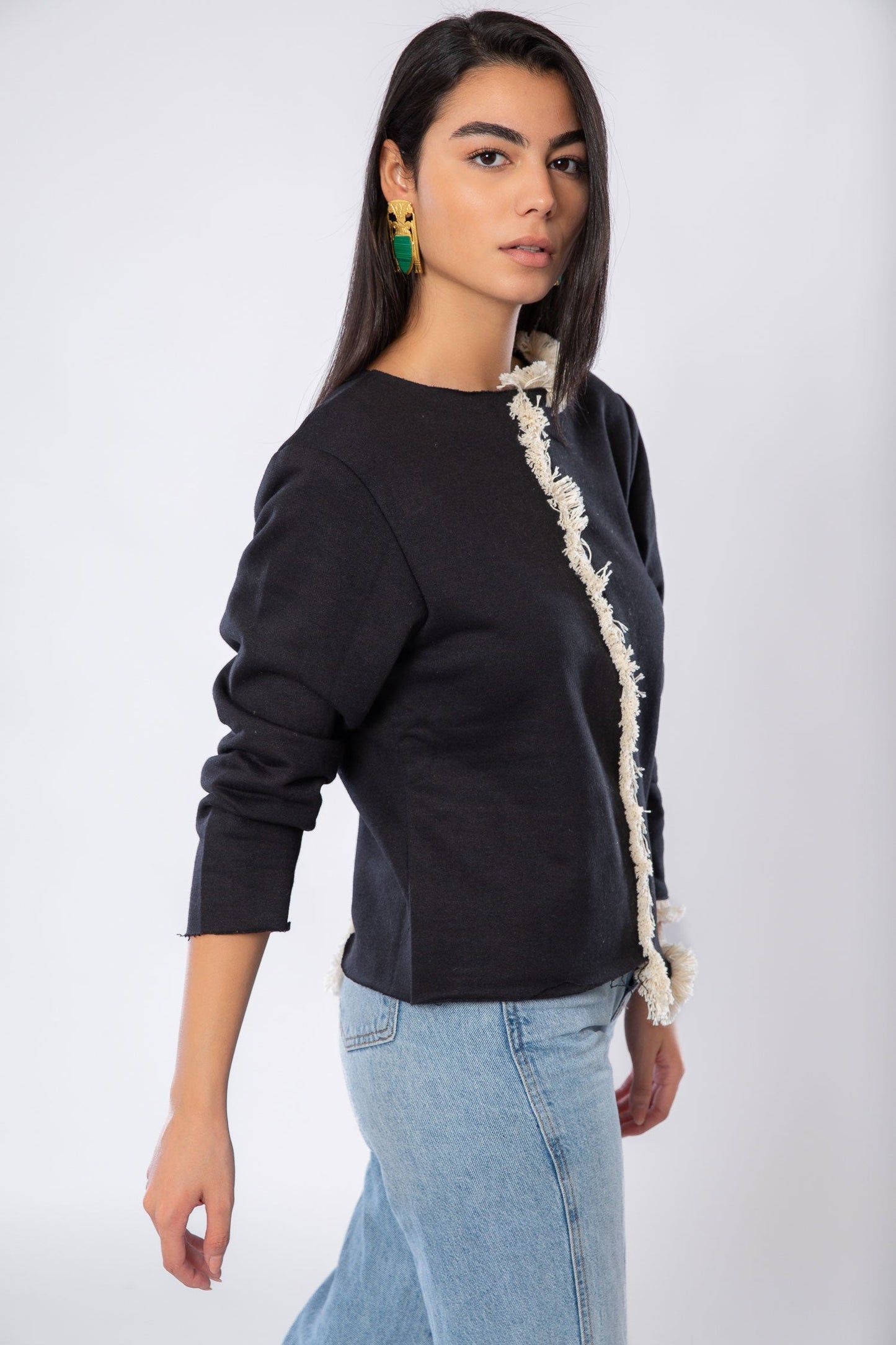 Melton asymmetric blouse with tassels