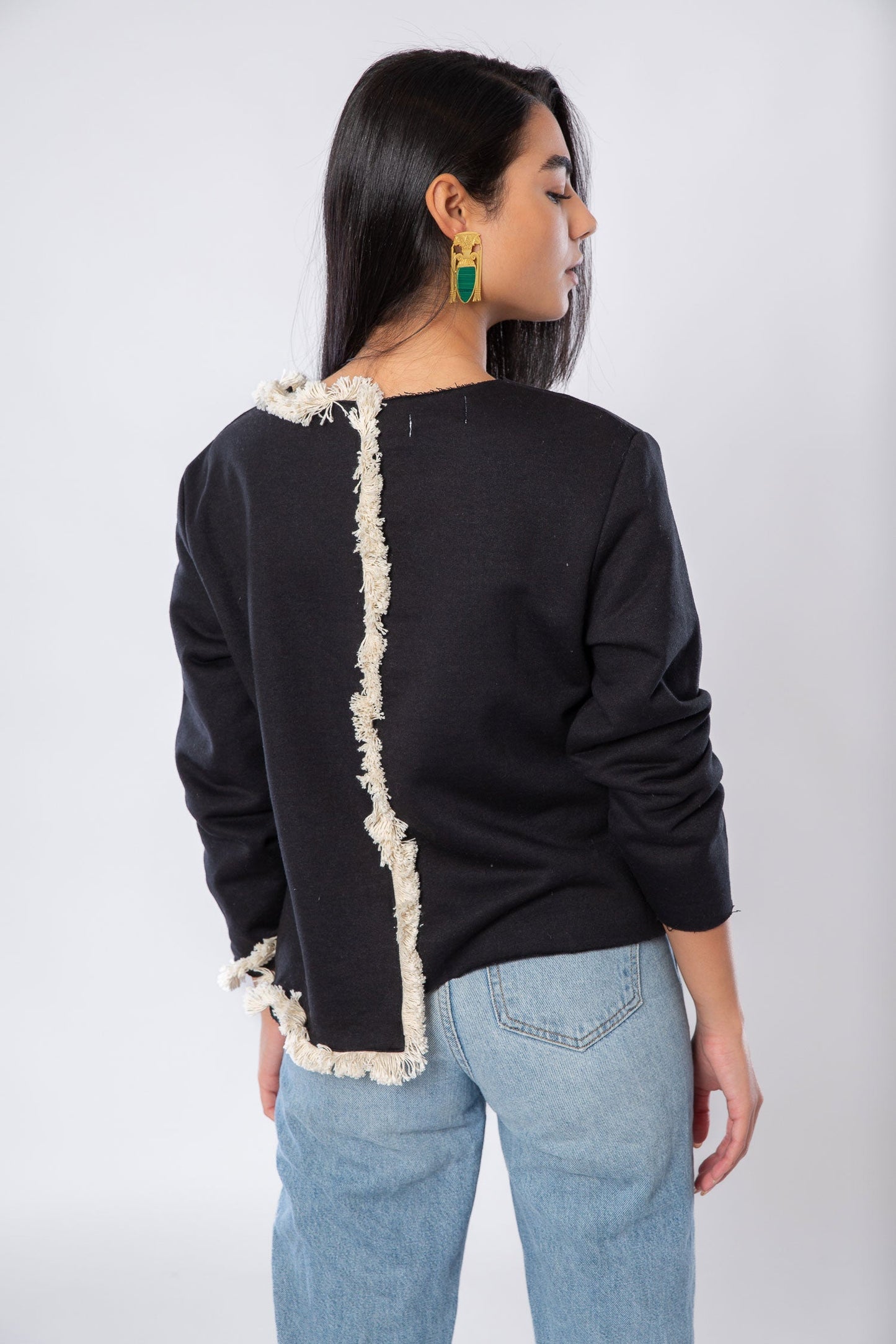 Melton asymmetric blouse with tassels