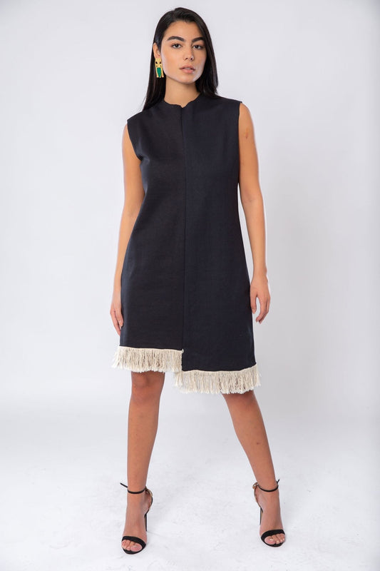 Melton asymmetric dress with tassels