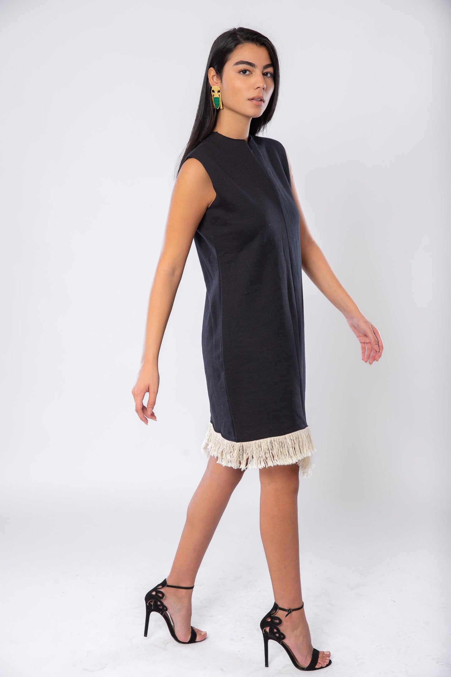 Melton asymmetric dress with tassels