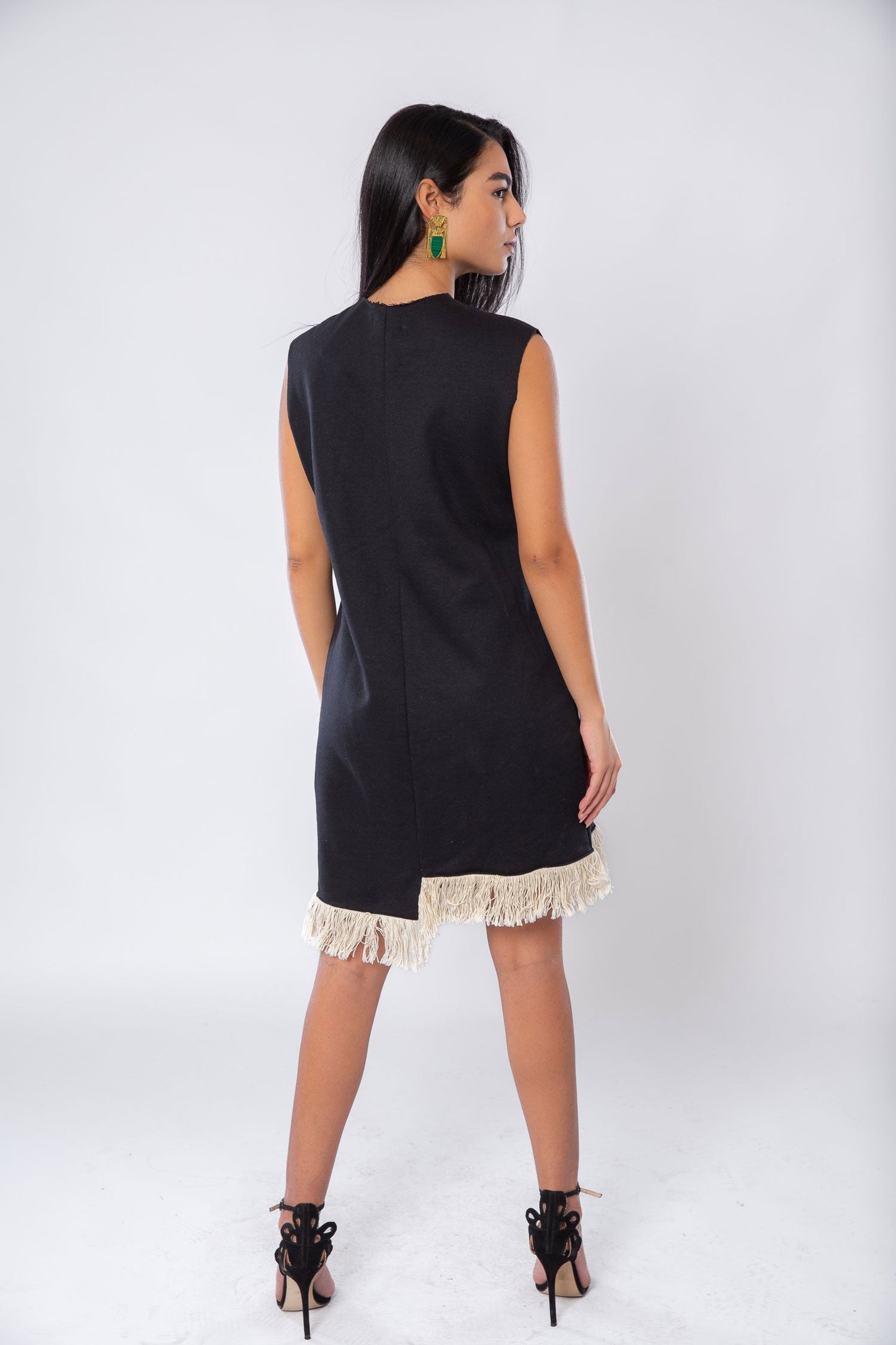 Melton asymmetric dress with tassels