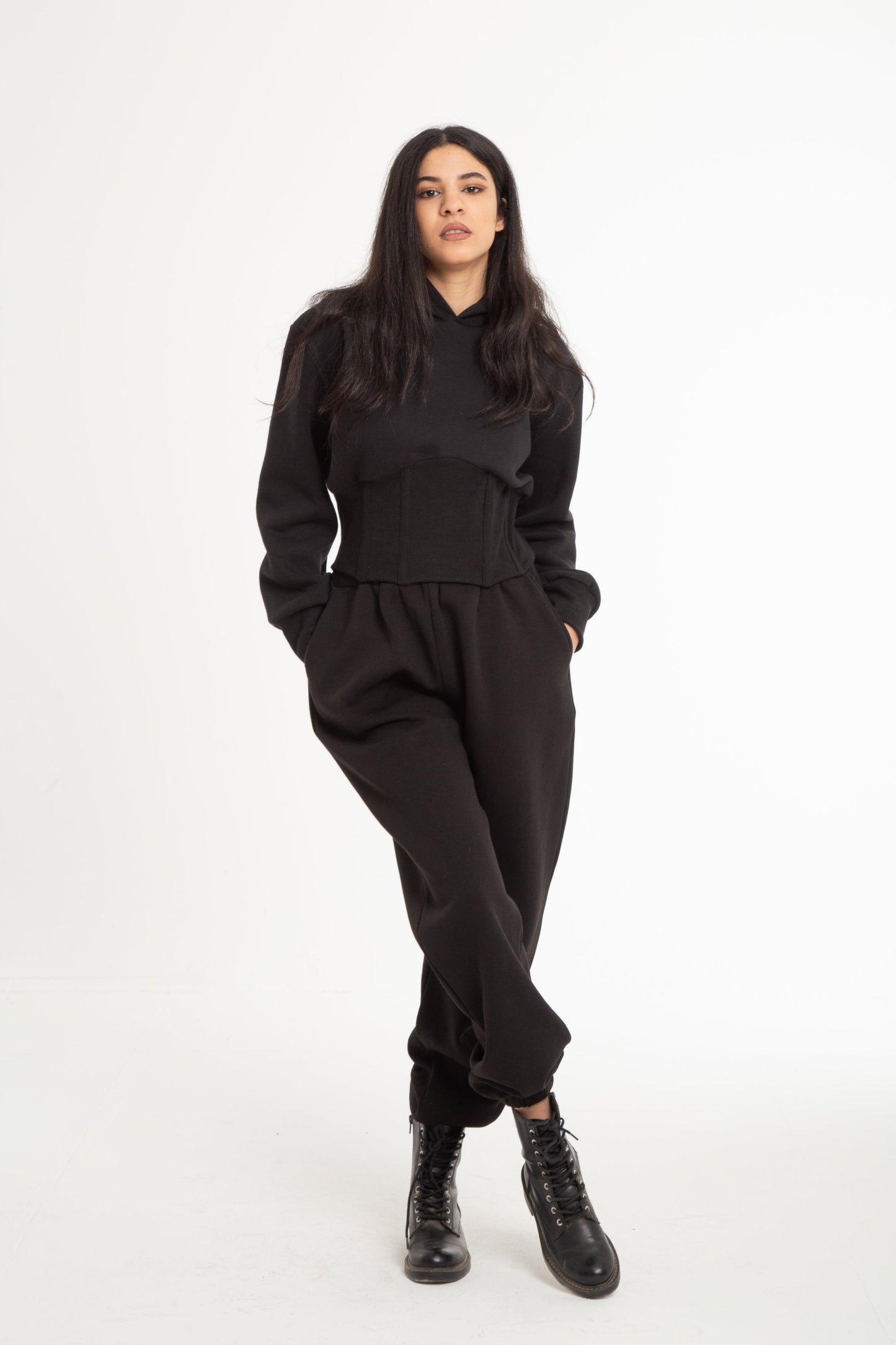 Cropped Melton sweatshirt with corset detail