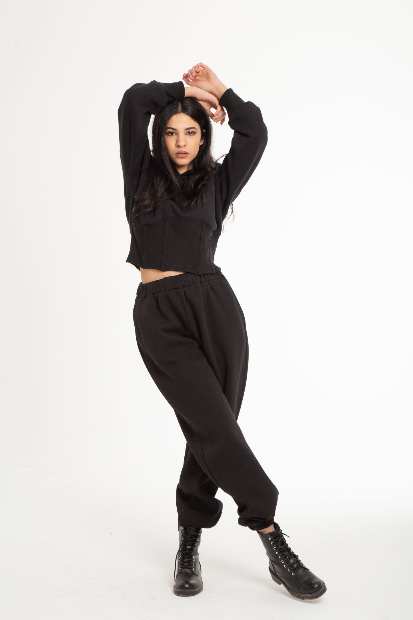 Cropped Melton sweatshirt with corset detail