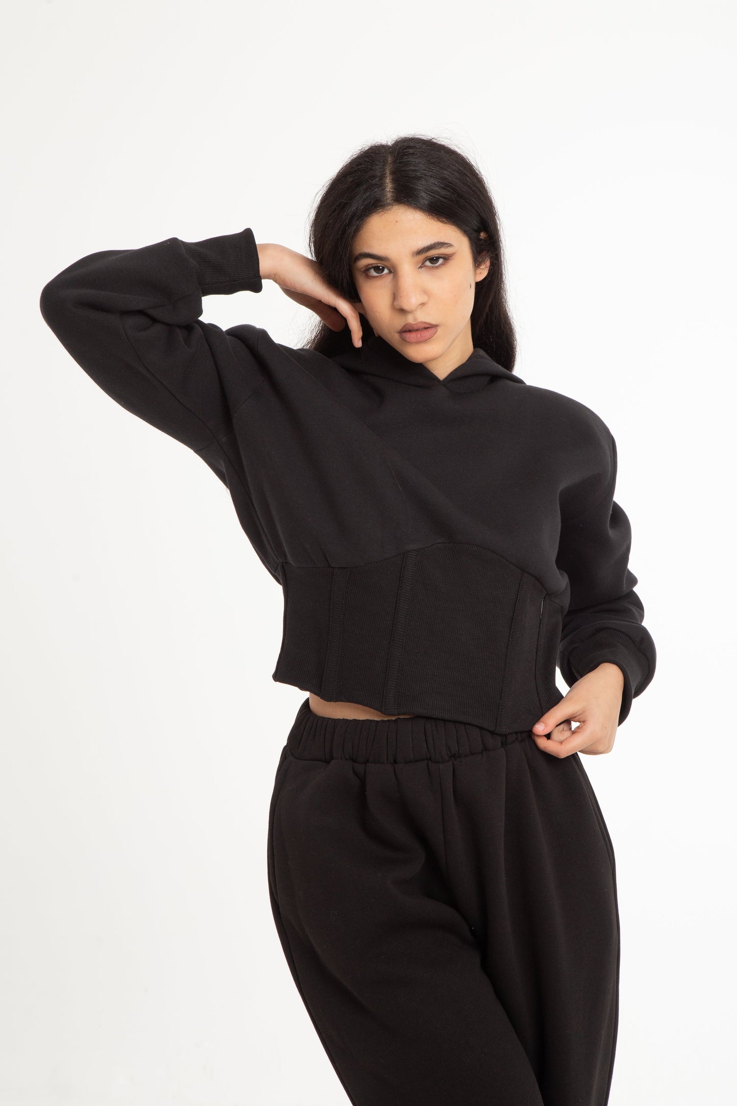 Cropped Melton sweatshirt with corset detail