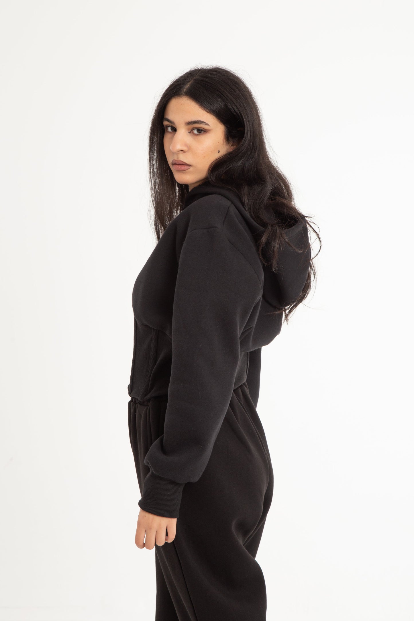 Cropped Melton sweatshirt with corset detail