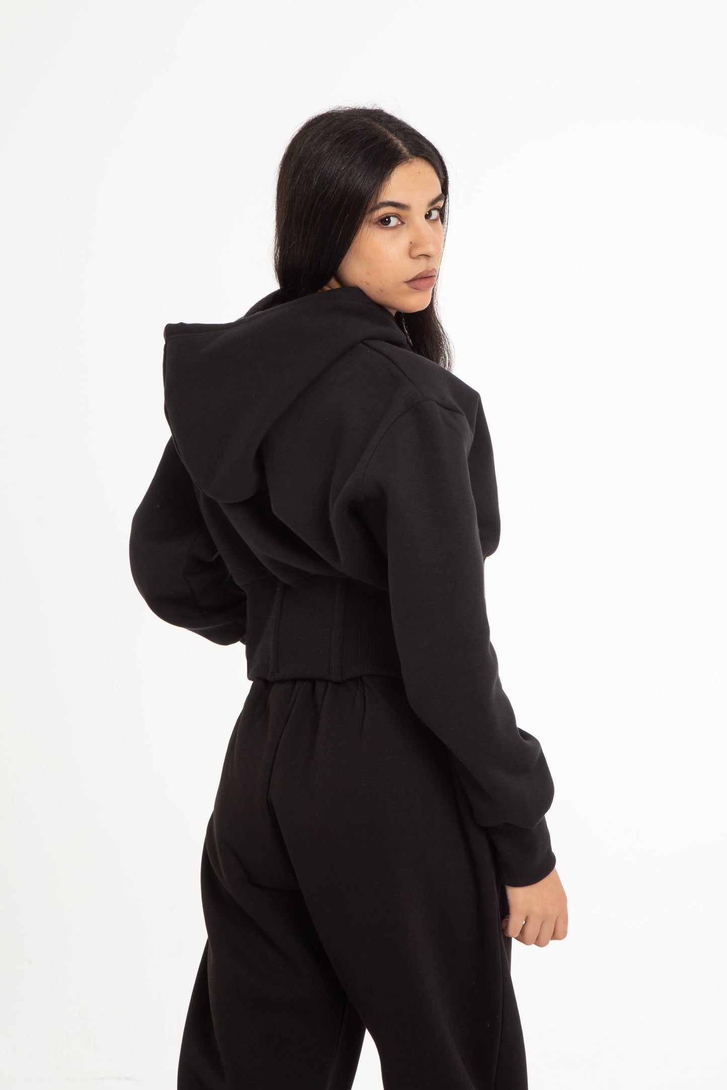 Cropped Melton sweatshirt with corset detail