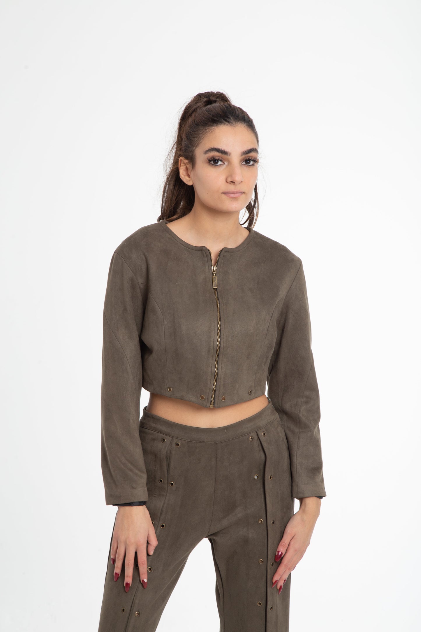 Cropped suede jacket with button holes